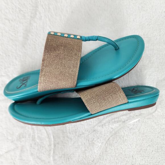 Sofft Sandals Women 7M Ameda Turquoise and Gold Thong Leather Textile Flat - Picture 7 of 9